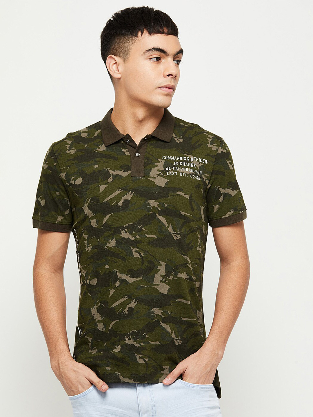 

max Men Green Printed Polo Collar Applique T-shirt