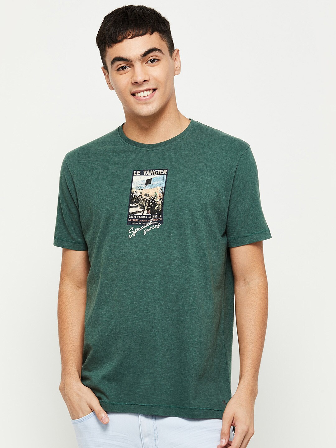 

max Men Green Typography Printed T-shirt