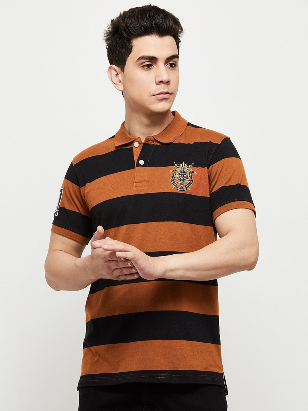 

max Men Rust & Black Striped Polo Collar Applique T-shirt