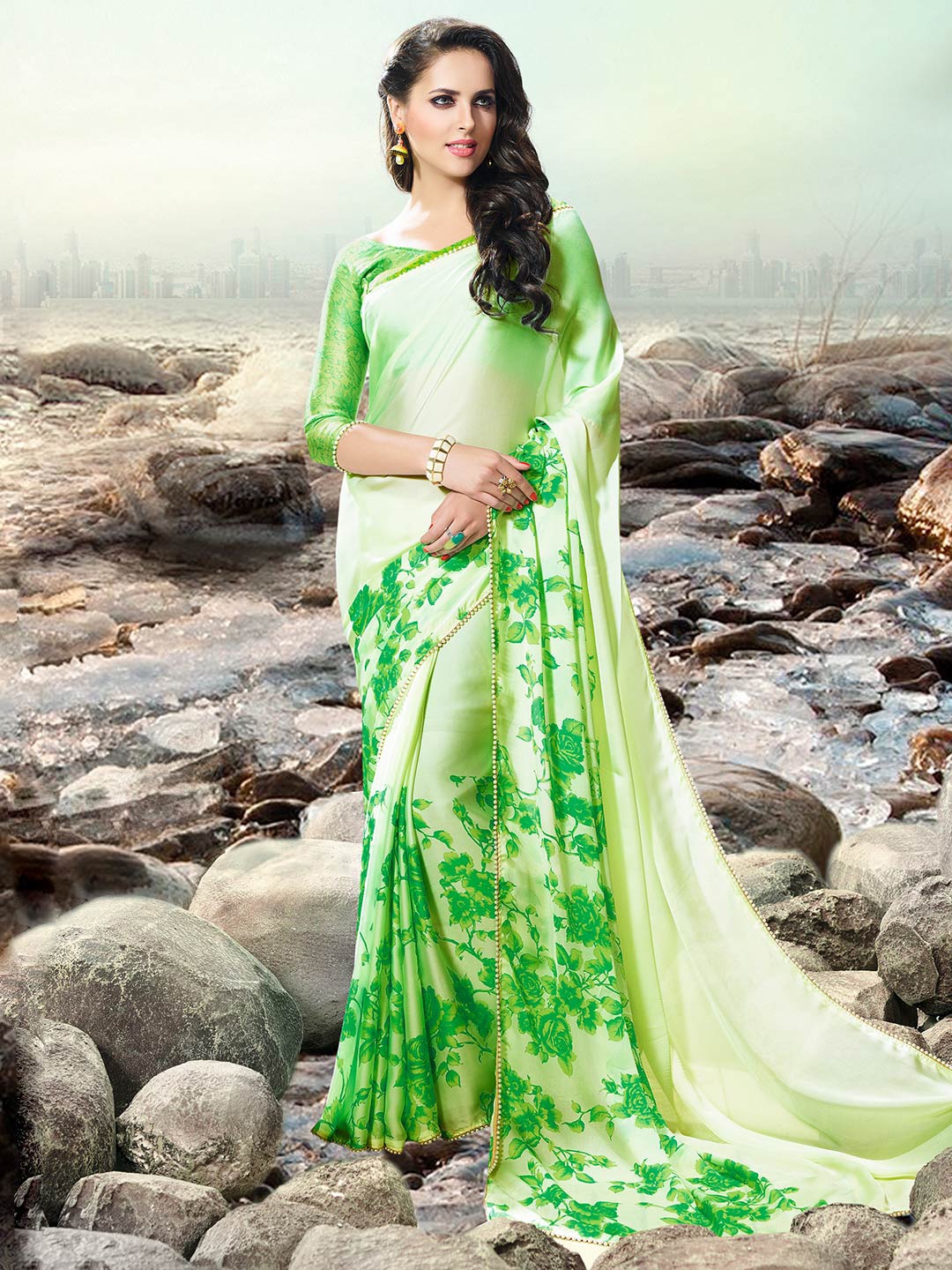 

Shaily White & Green Floral Beads and Stones Satin Saree