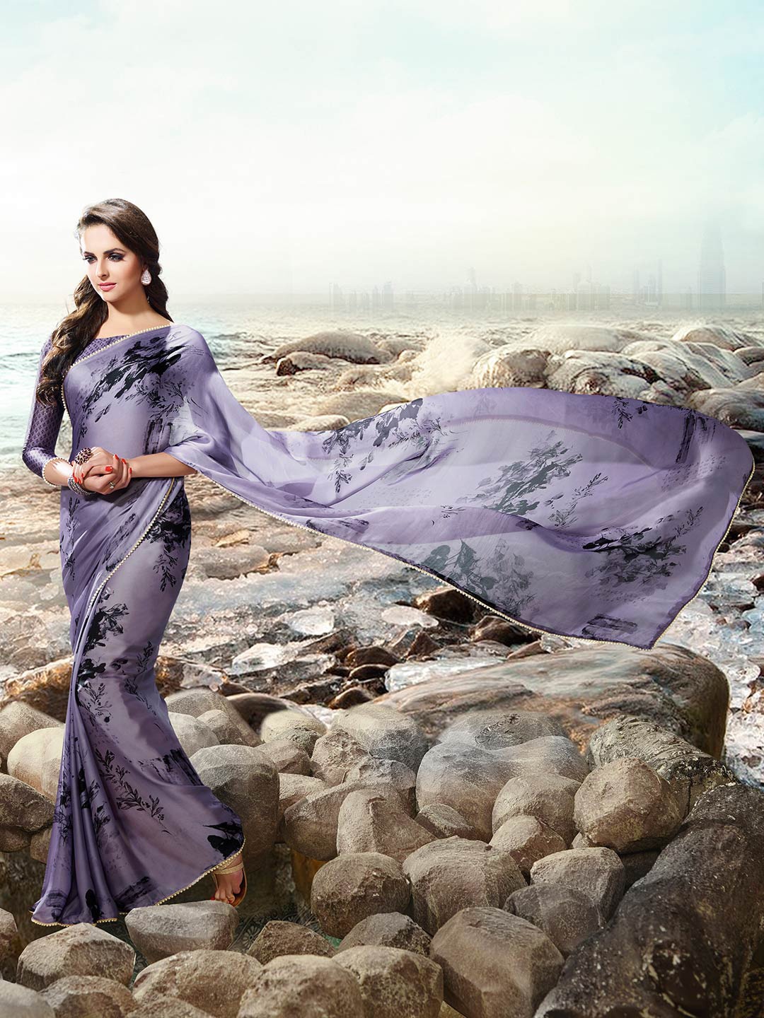 

Shaily Lavender & Black Floral Beads And Stones Satin Saree