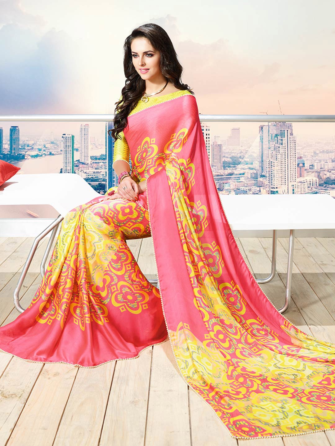 

Shaily Pink & Yellow Floral Beads and Stones Satin Saree