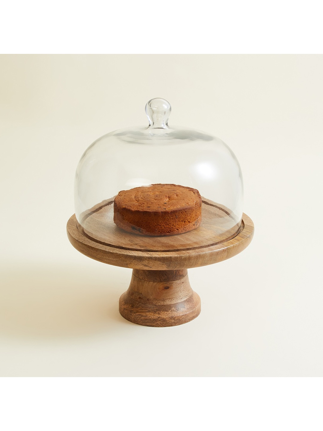 

Home Centre Brown Textured Wooden Cake Stand with Transparent Lid