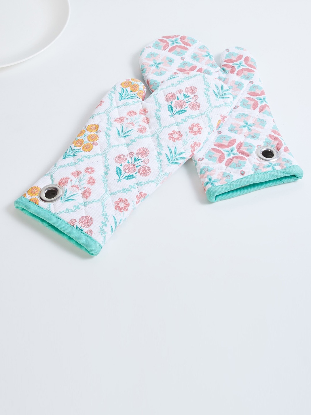 

Home Centre Set Of 2 White Printed Oven Gloves