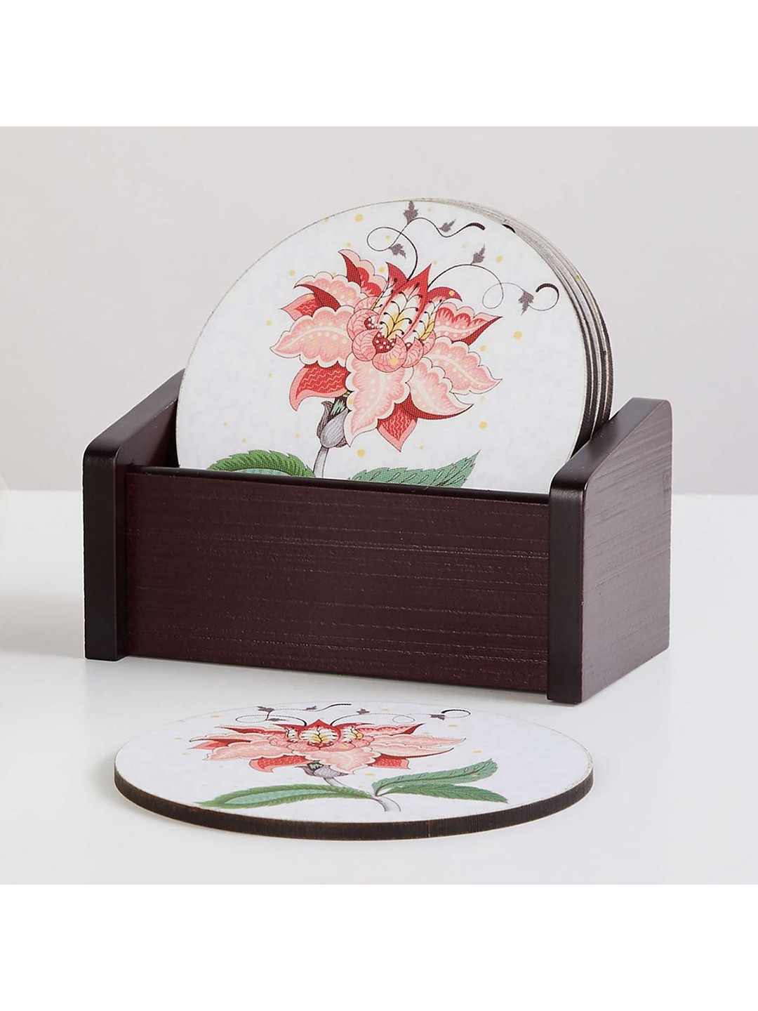 

Home Centre 7Pcs Corsica Mystic India White and Brown Printed Wooden Tea Coaster Set