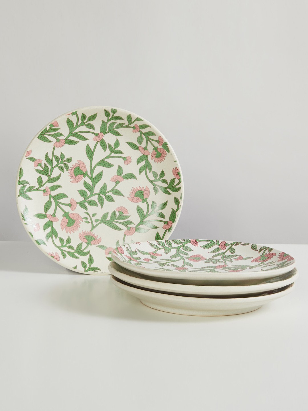 

Home Centre Set of 4 Green Pieces Floral Printed Stoneware Matte Plates