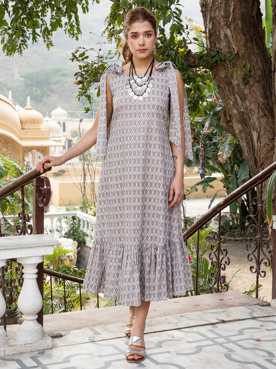 

Ambraee Women Grey Printed Cotton A-Line Dress