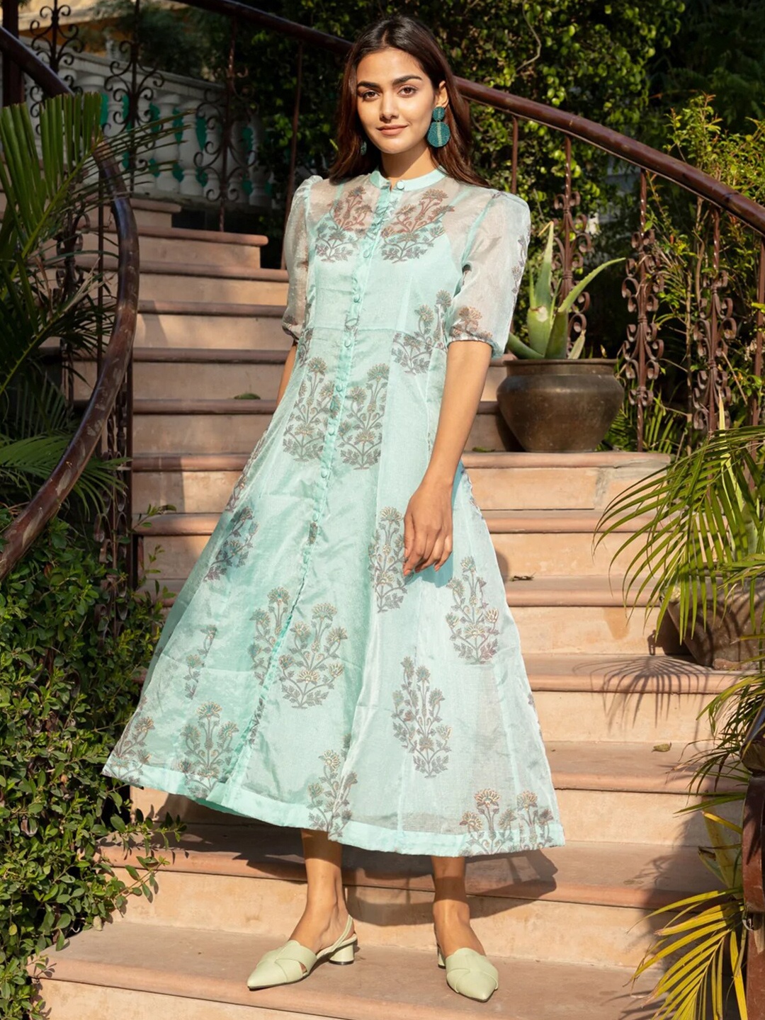 

Ambraee Women Blue Floral Chiffon Maxi Dress