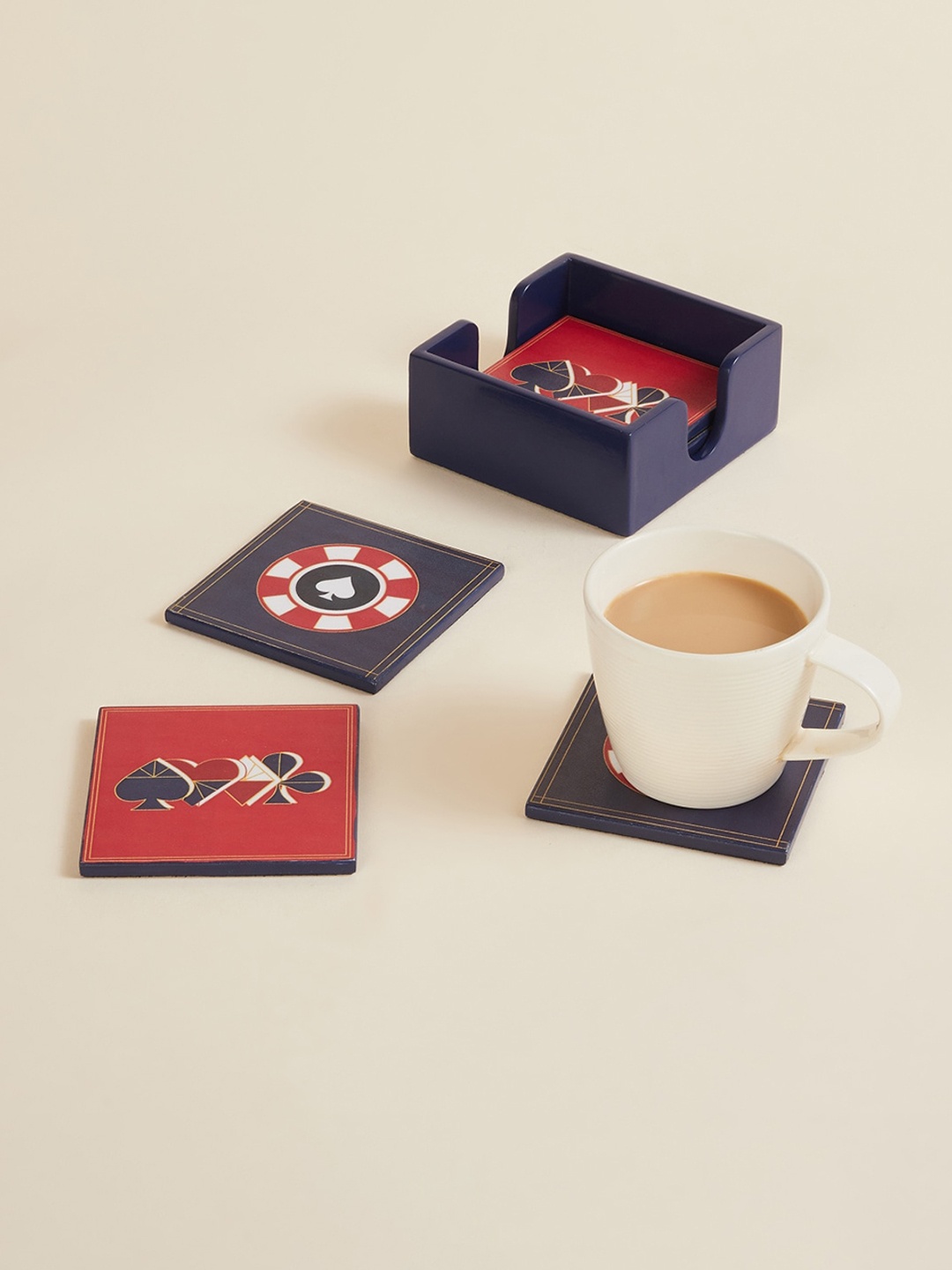 

Home Centre Set Of 7 Red & Blue Printed Wooden Coaster Set