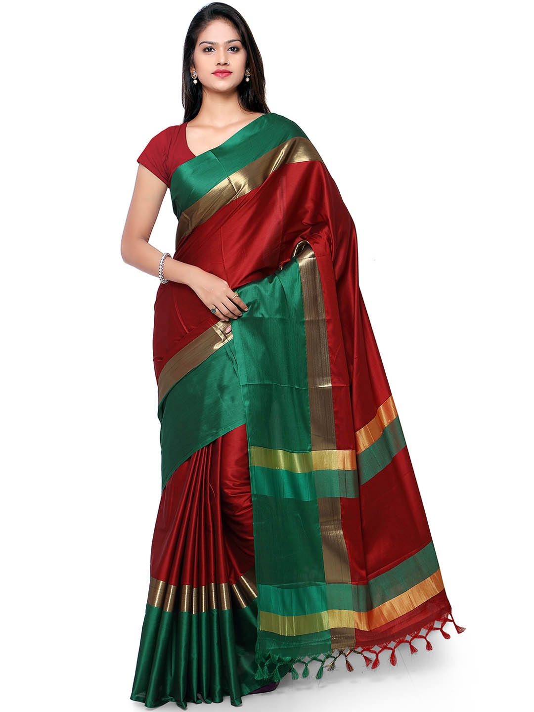 

Rajesh Silk Mills Red & Green Silk Cotton Solid Kanjeevaram Saree