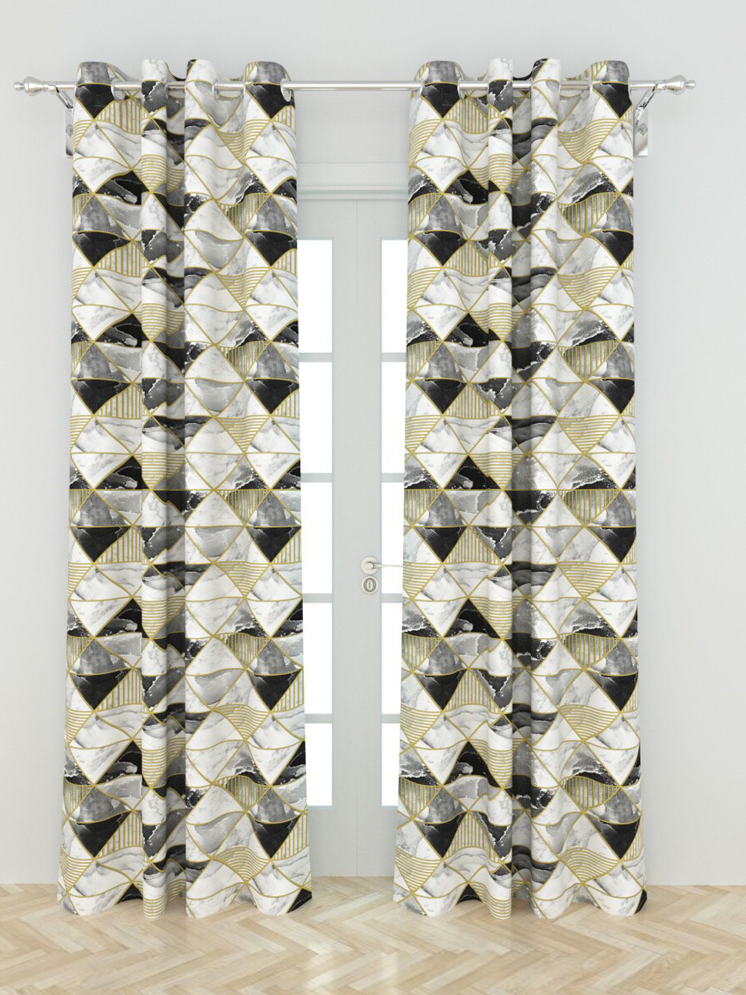 

Home Centre White & Black Set of 2 Geometric Black Out Door Curtain