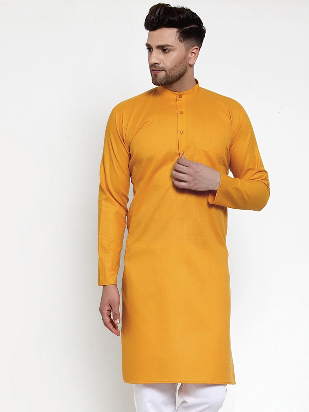 

Jompers Men Mustard Yellow Cotton Blend Pathani Kurta