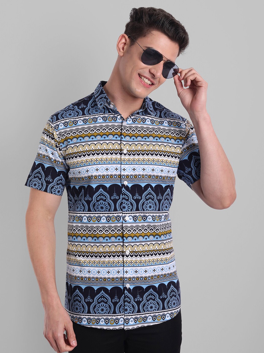 

Majestic Man Men Blue Slim Fit Printed Casual Shirt