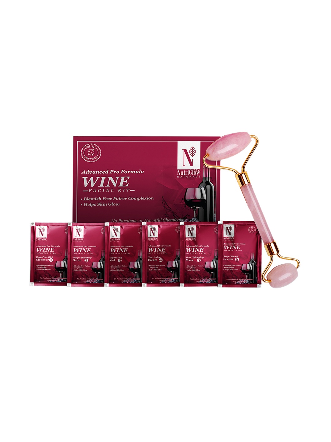 

NutriGlow Naturals Sustainable Wine Facial Kit for Blemish Free Complexion 60 g with Jade Roller, Maroon