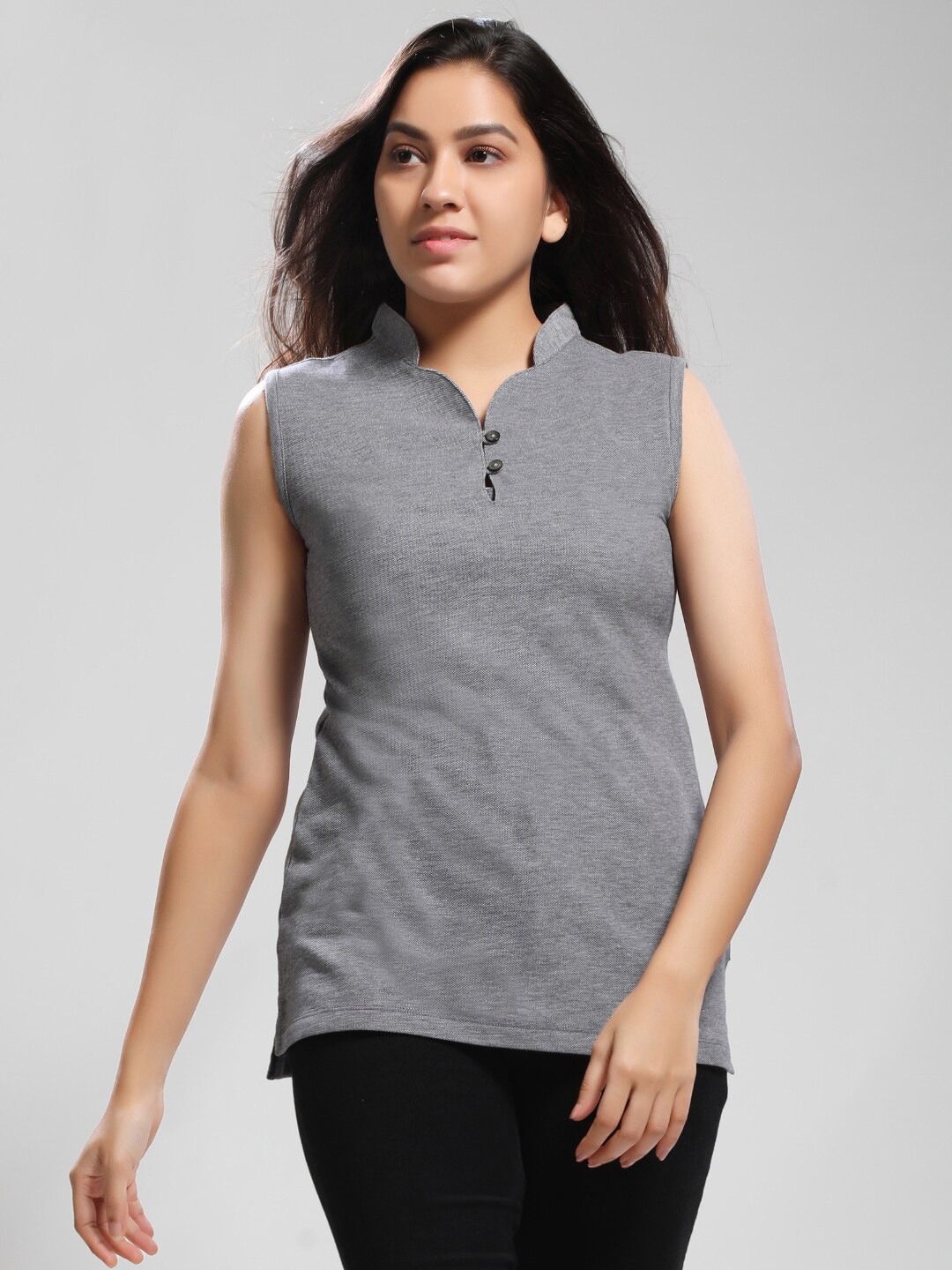 

Dream of Glory Inc Grey Mandarin Collar Pure Cotton Top