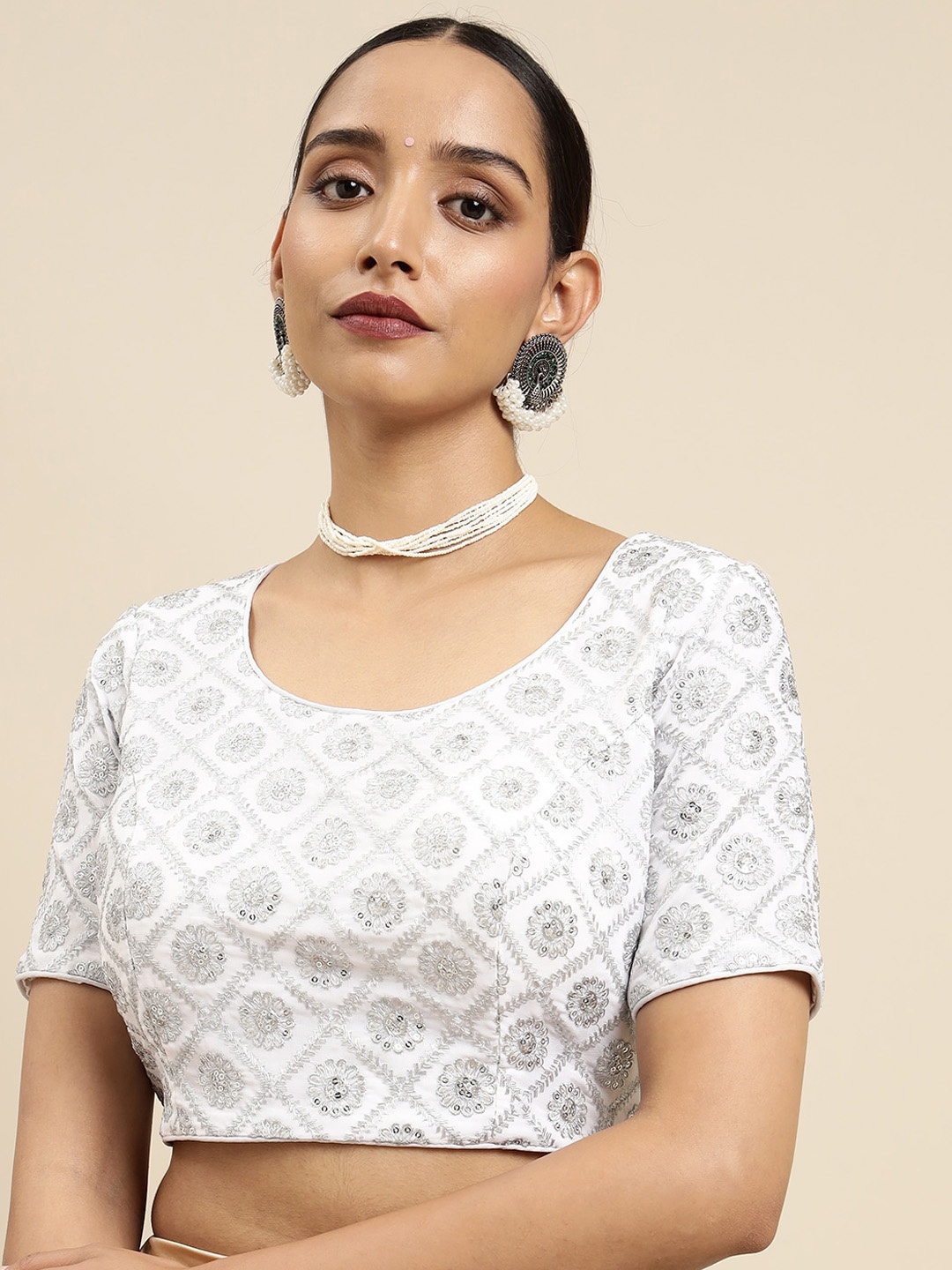 

MIMOSA White & Silver-Coloured Embroidered Readymade Saree Blouse