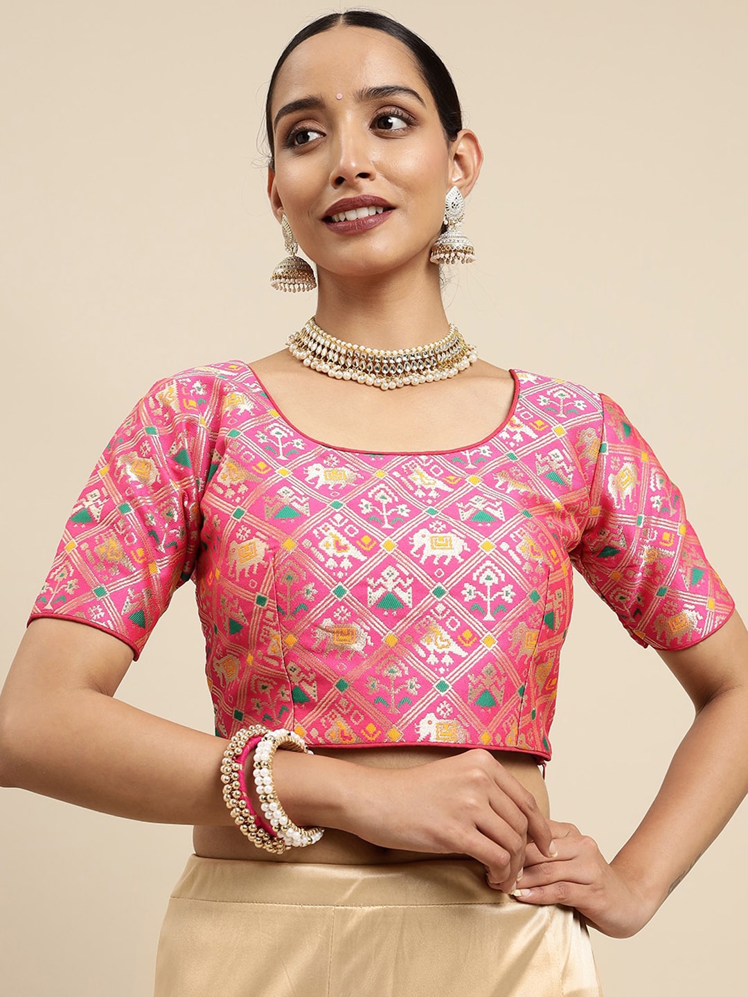 

MIMOSA Pink & Gold-Coloured Woven Design Readymade Saree Blouse