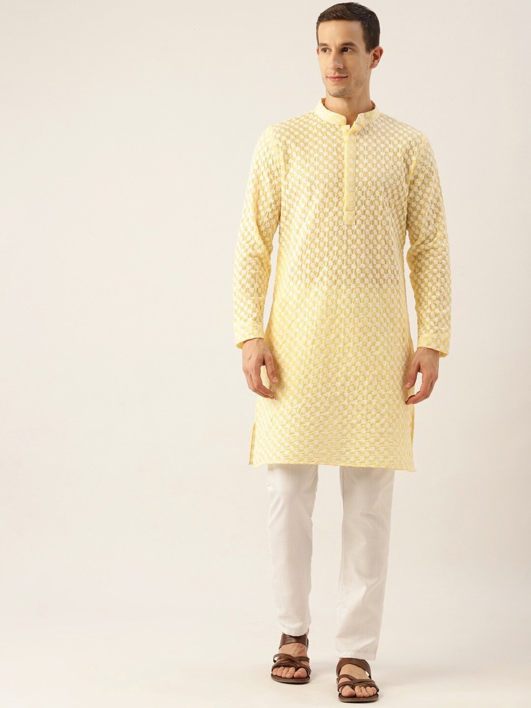 

Molly & Michel Men's Yellow Embroidered Chikankari Pure Cotton Kurta