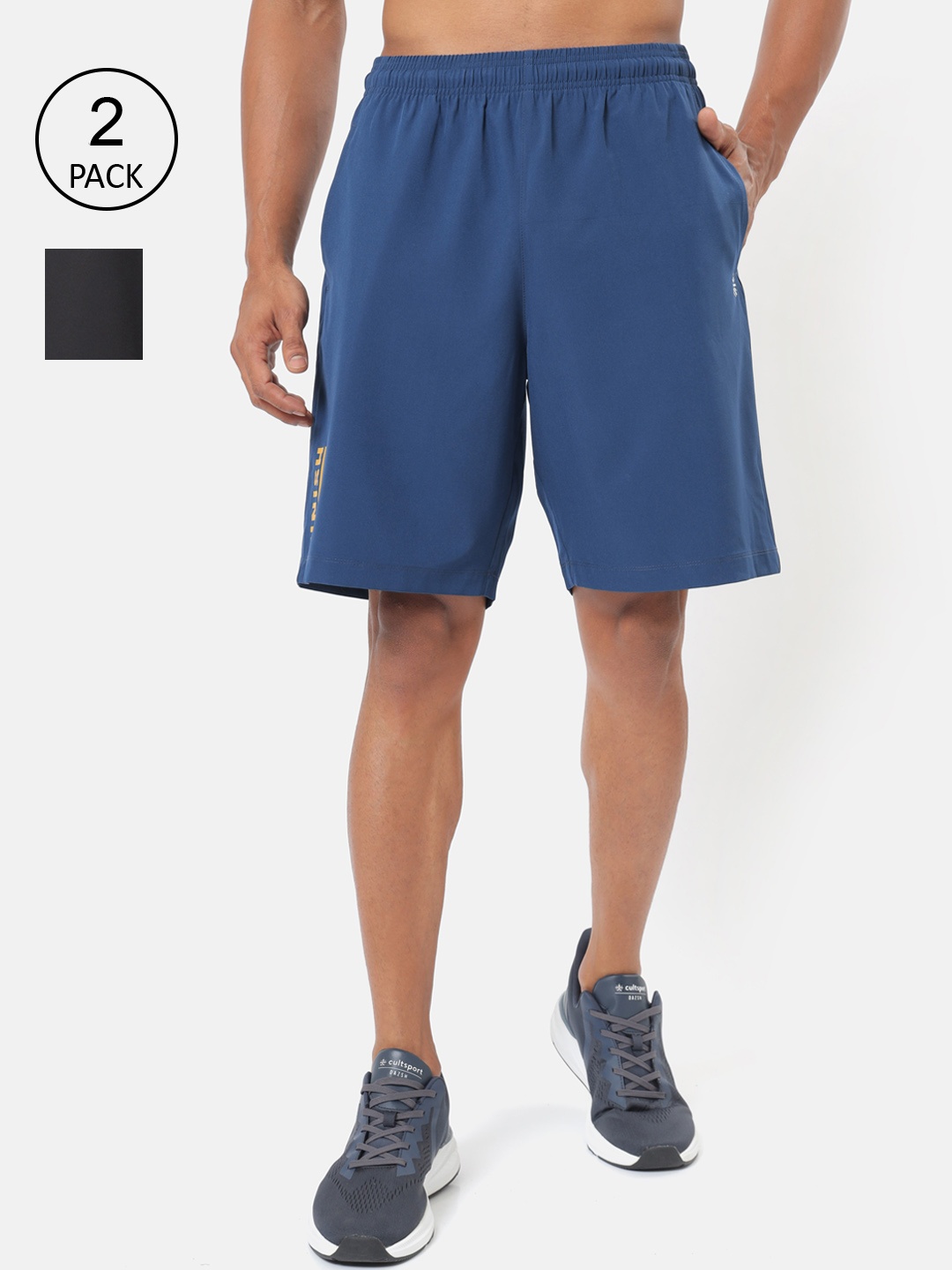 

cultsportone Men Pack of 2 Blue and Dark Grey Training or Gym Sports Shorts