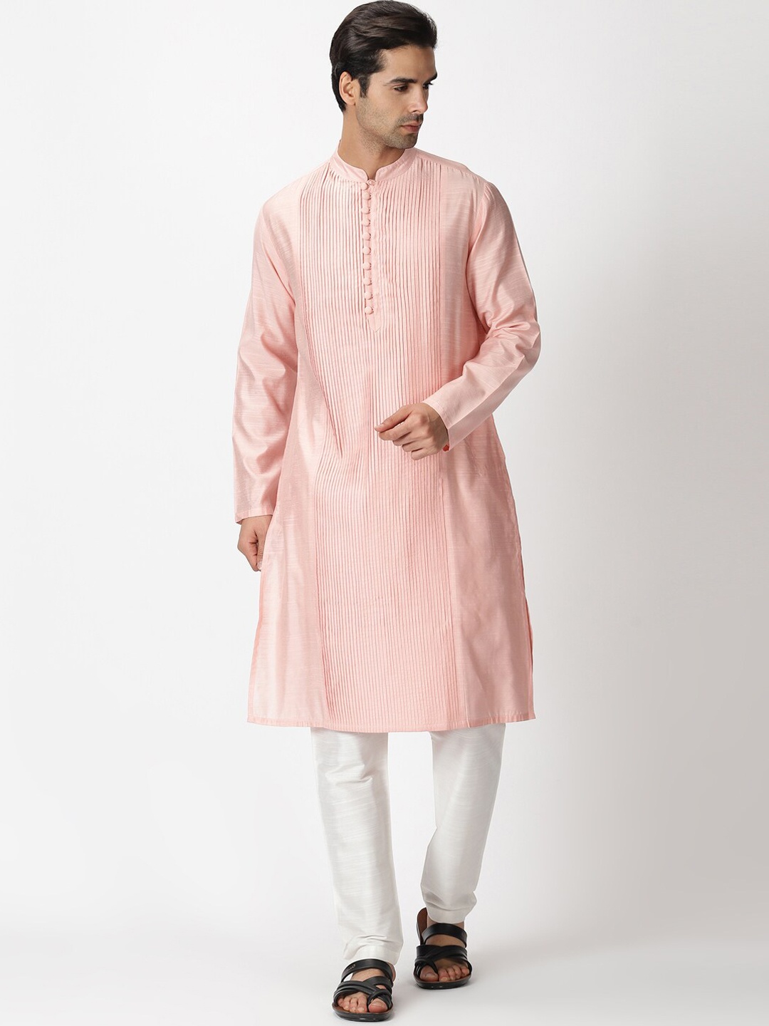 

Saffron Threads Men Pink & White Pintuck Detail Kurta with Pyjamas