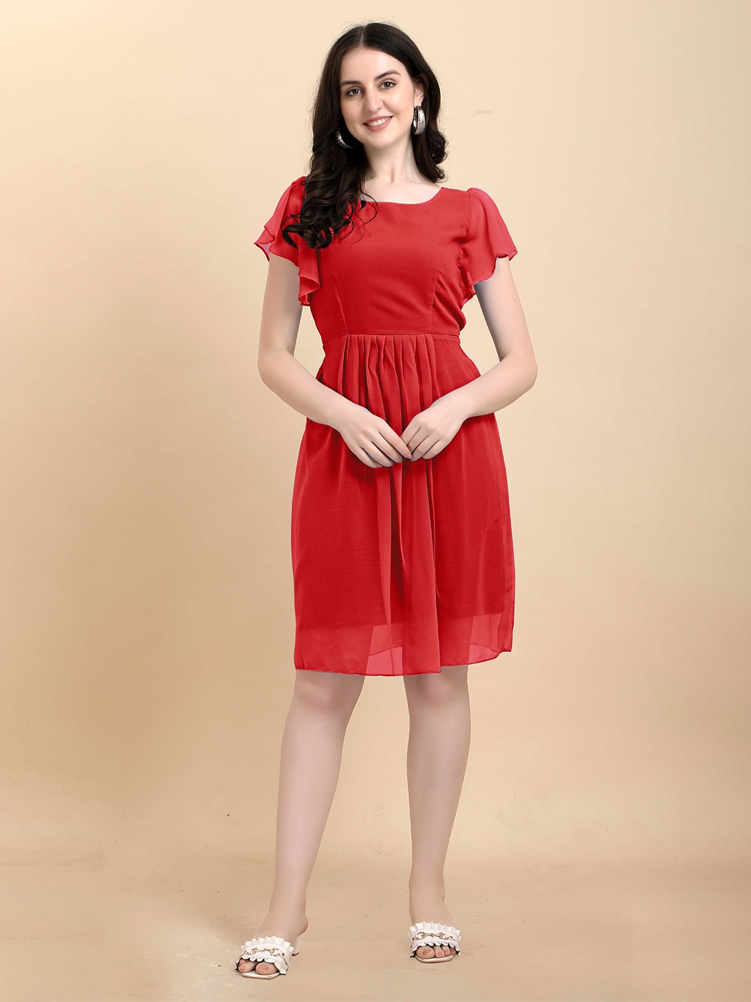 

AUCREATIONS Women Red Solid Georgette Dress