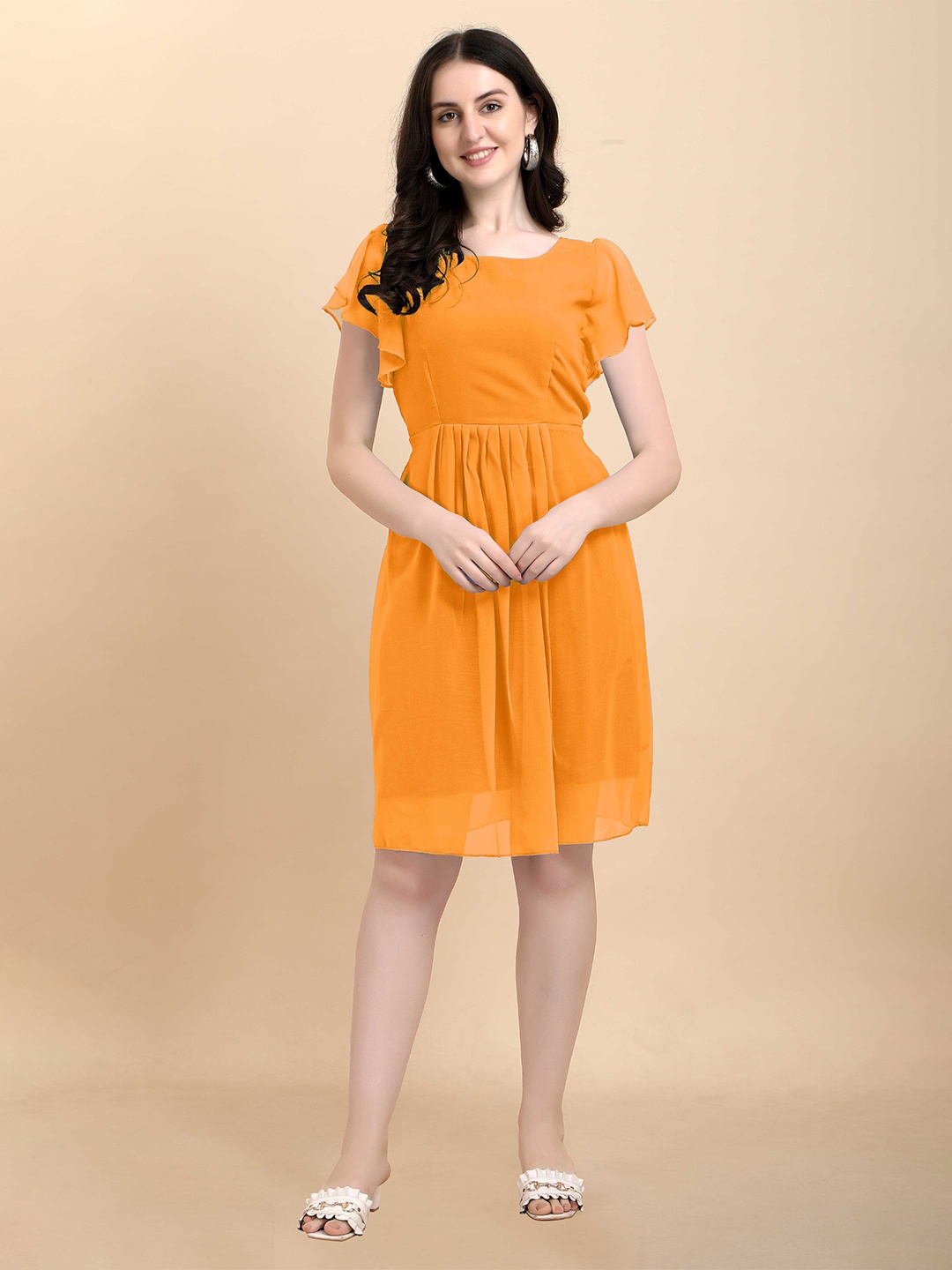 

AUCREATIONS Women Yellow Solid Georgette Dress