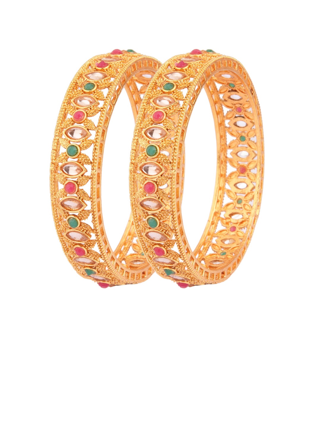 

FEMMIBELLA Set Of 2 22 KT Gold-Plated White & Green Kundan-Studded Bangles