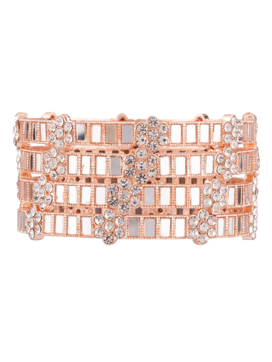 

FEMMIBELLA Set Of 4 Rose Gold-Plated White Stone-Studded Mirror Bangles