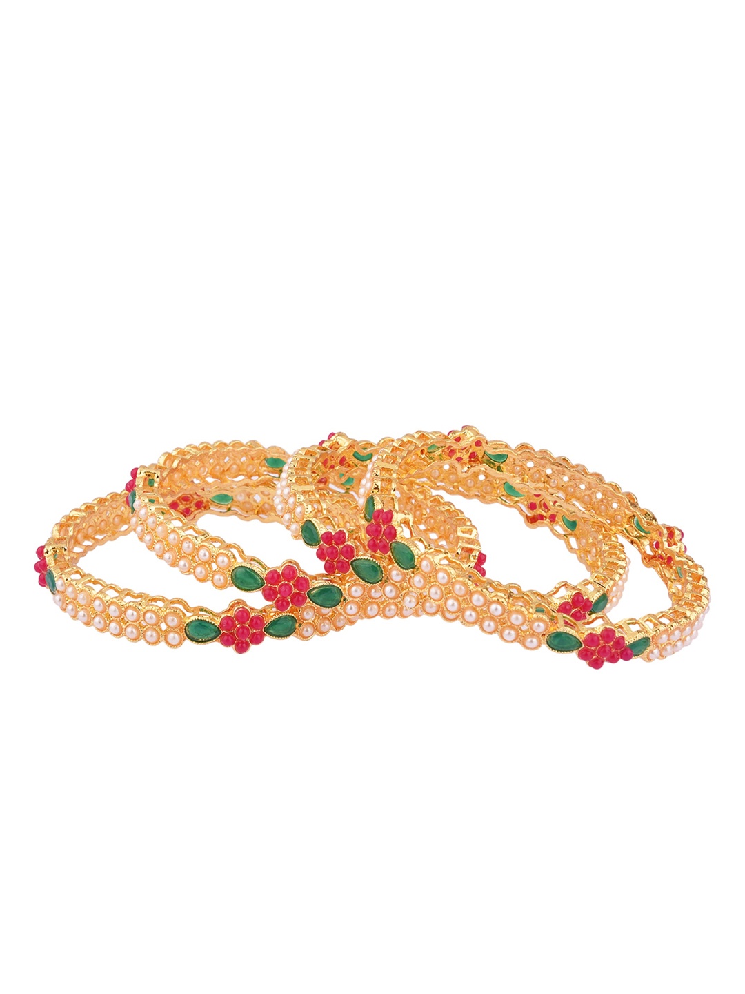 

FEMMIBELLA Set Of 4 22kt Gold-Plated Red Pearl-Studded Bangle