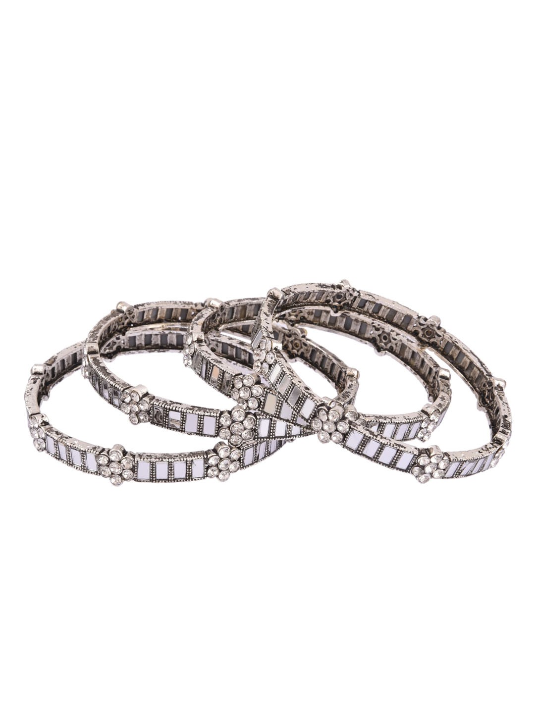 

FEMMIBELLA Set Of 4 Oxidised Silver-Plated White Stone-Studded Bangles
