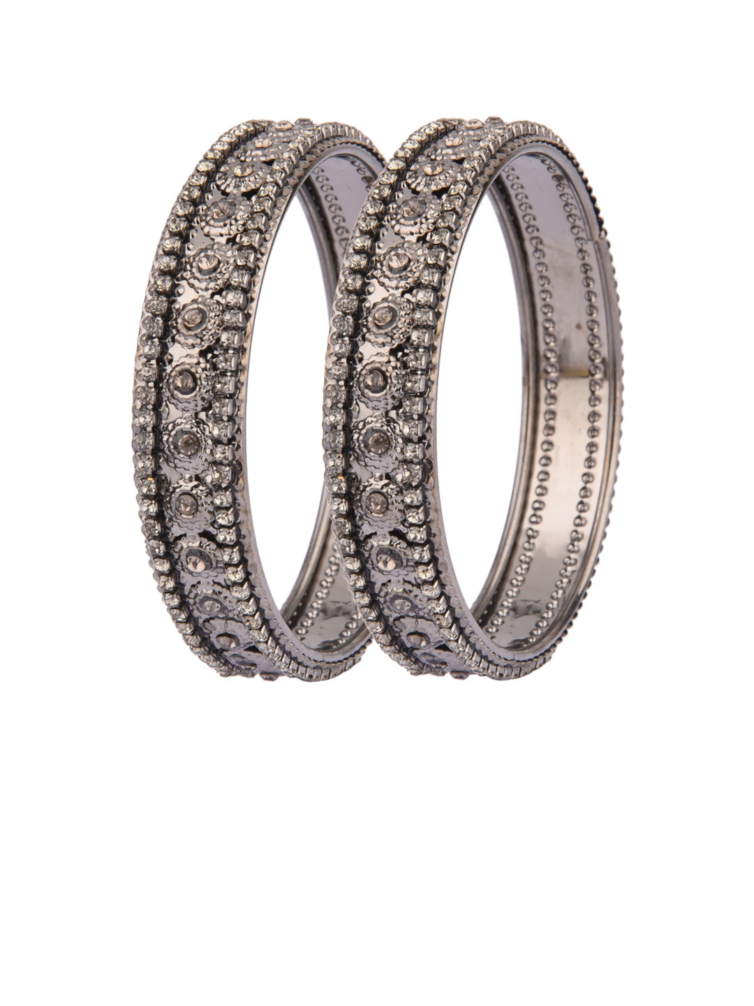 

FEMMIBELLA Set Of 2 White Silver-Plated Oxidised Stone-Studded Bangles