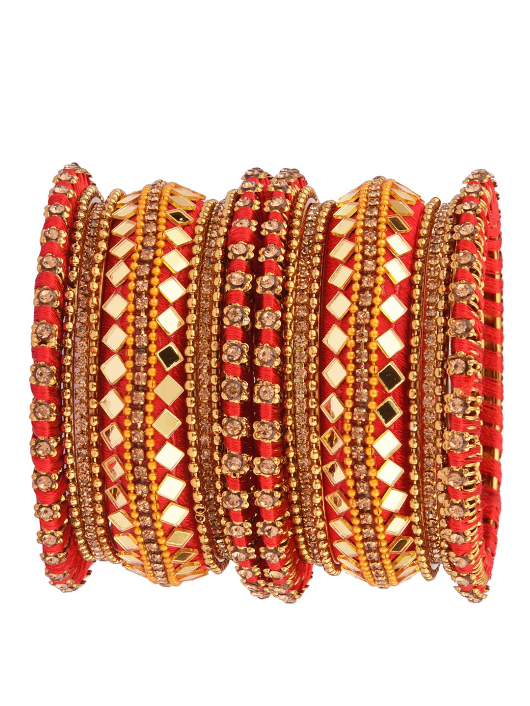 

FEMMIBELLA Set Of 18 Gold-Plated Red Stone-Studded Chuda Bangles