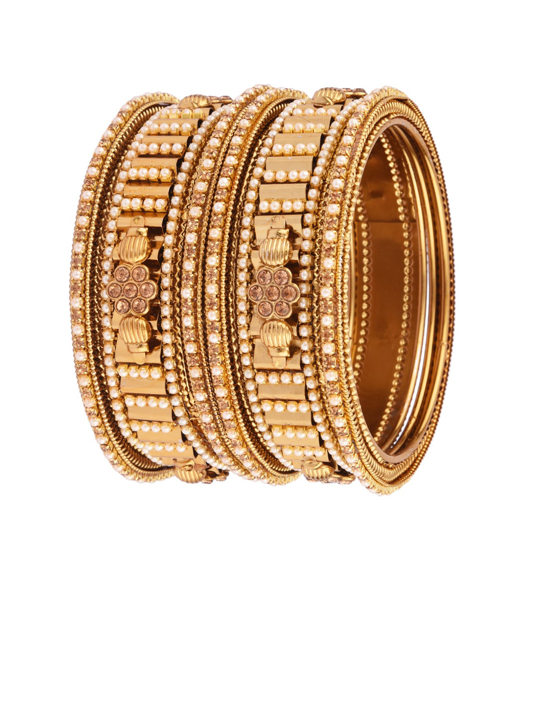 

FEMMIBELLA Gold Set Of 6 Gold-Plated White Beaded Antique Bangles