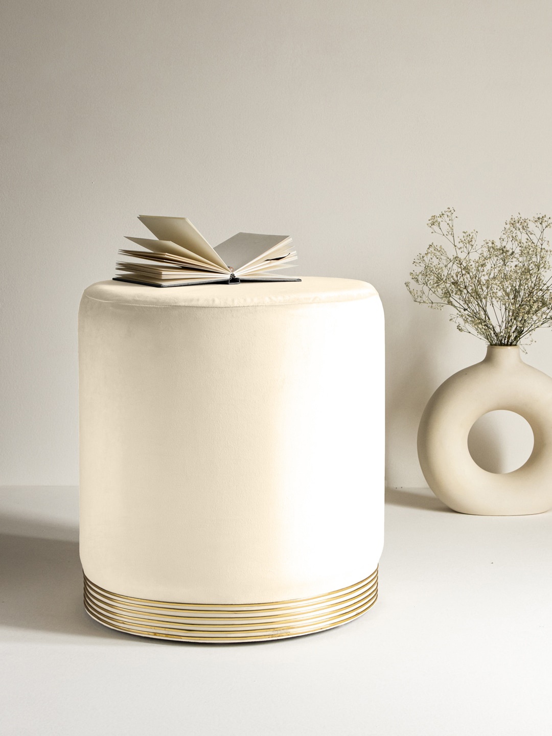 

Clasiko White & Gold Coloured Solid Ottomans With Rings