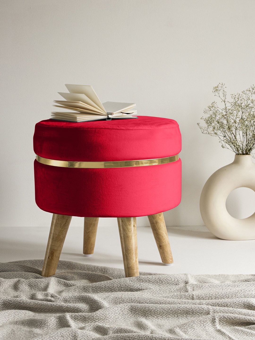 

Clasiko Red Solid Ottomans With Wooden Legs
