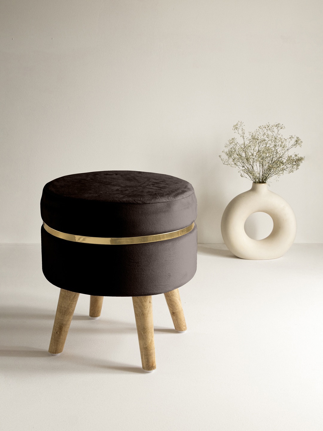 

Clasiko Brown Solid Ottomans With Golden Ring & Wood Legs
