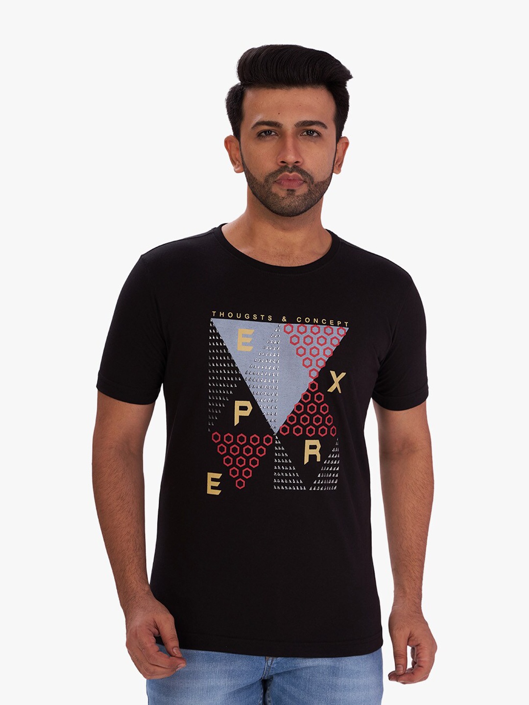 

DCot By Donear Men Black Printed Raw Edge T-shirt