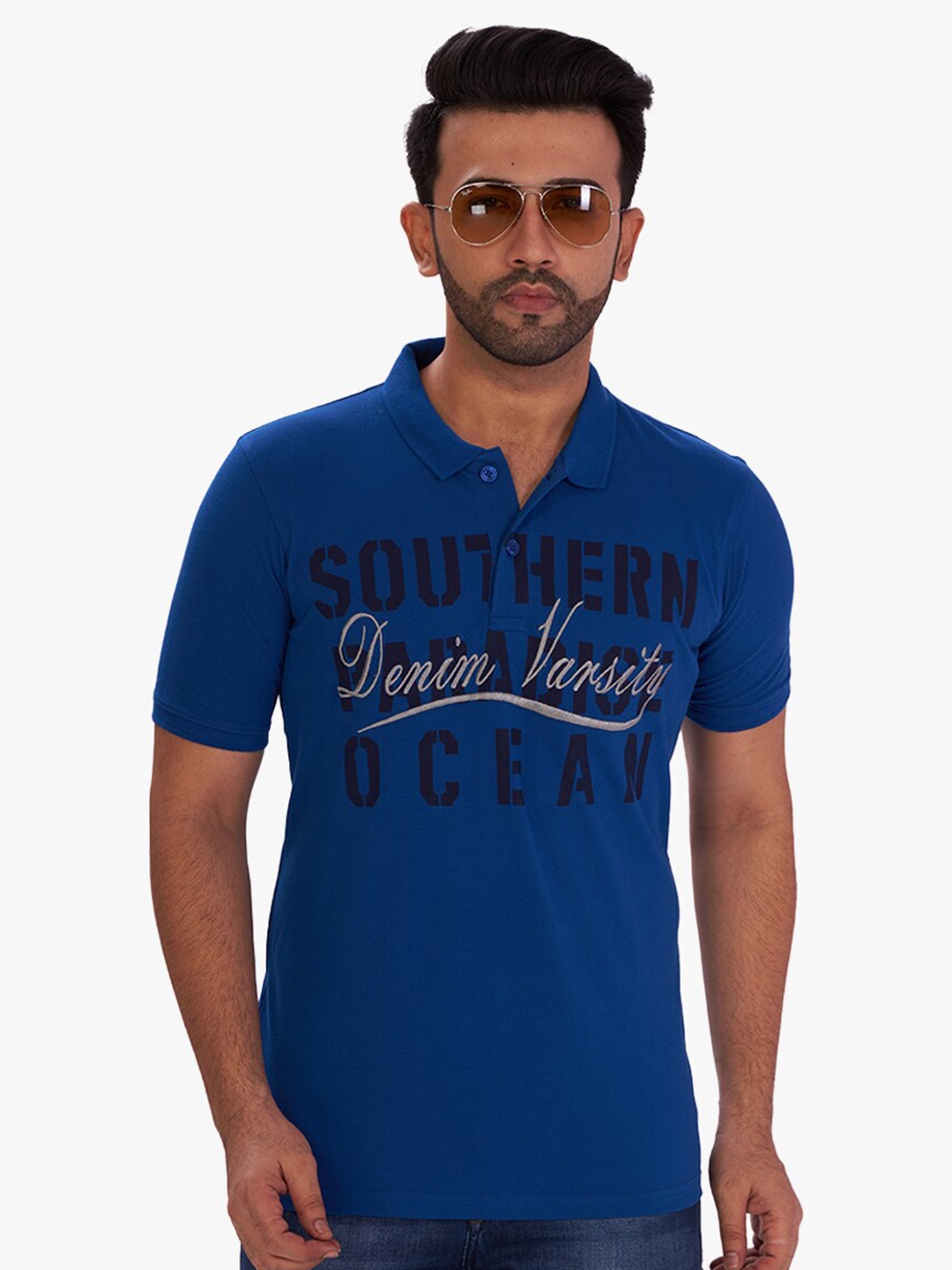 

DCot By Donear Men Blue Typography Printed Polo Collar T-shirt