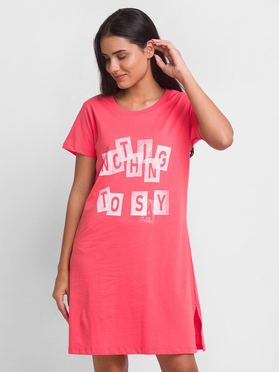 

XIN Coral Typography Printed Pure Cotton Nightdress