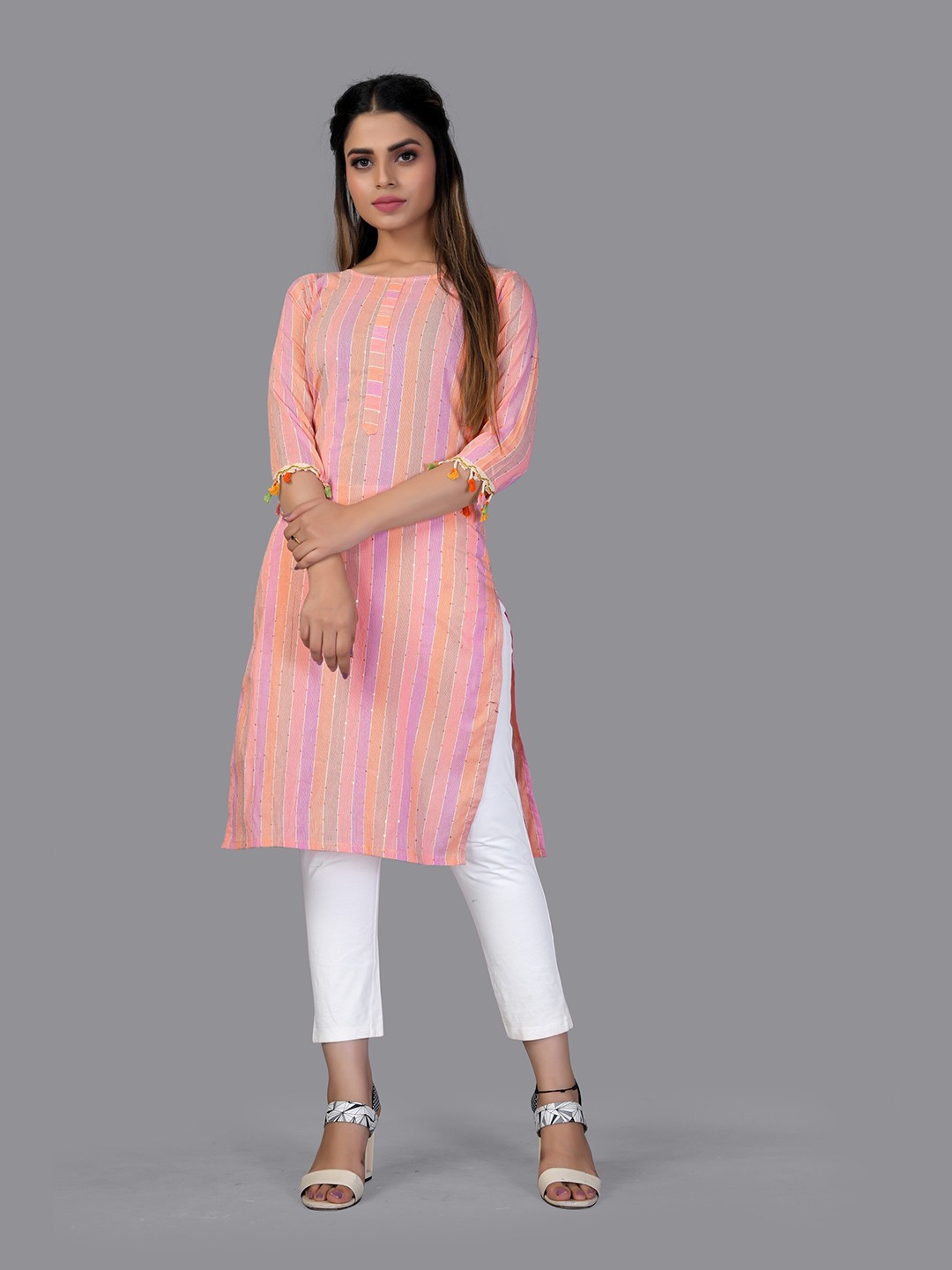 

Fashion FRICKS Women Pink & Purple Striped Kurta