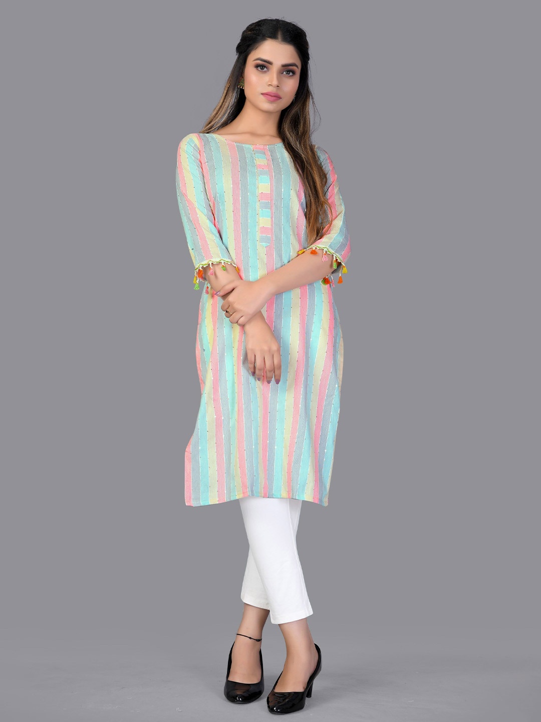 

Fashion FRICKS Women Sea Green & Pink Striped Straight Kurta