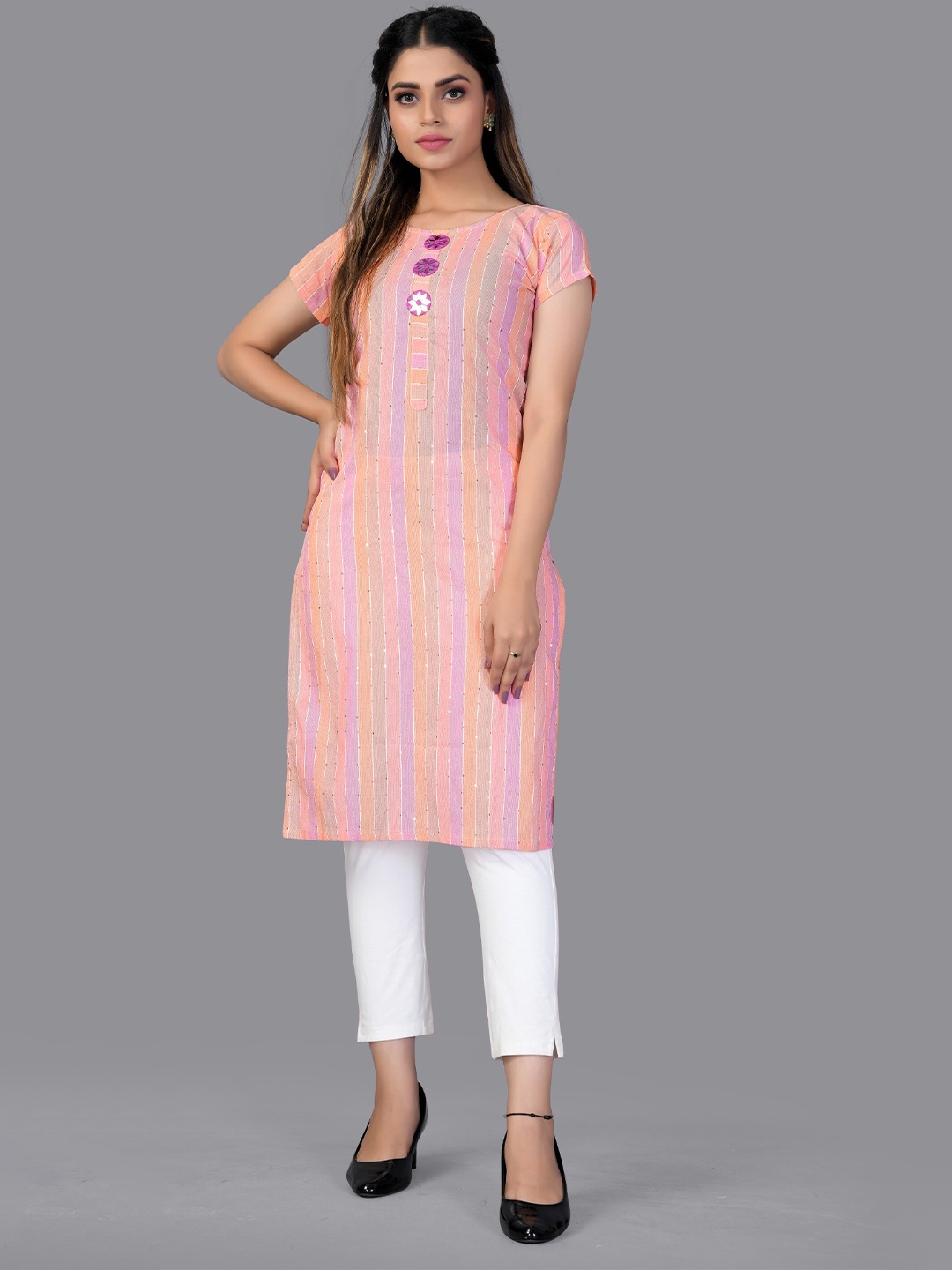 

Fashion FRICKS Women Pink & Purple Striped Mirror Work Sequins Cotton Straight Kurta