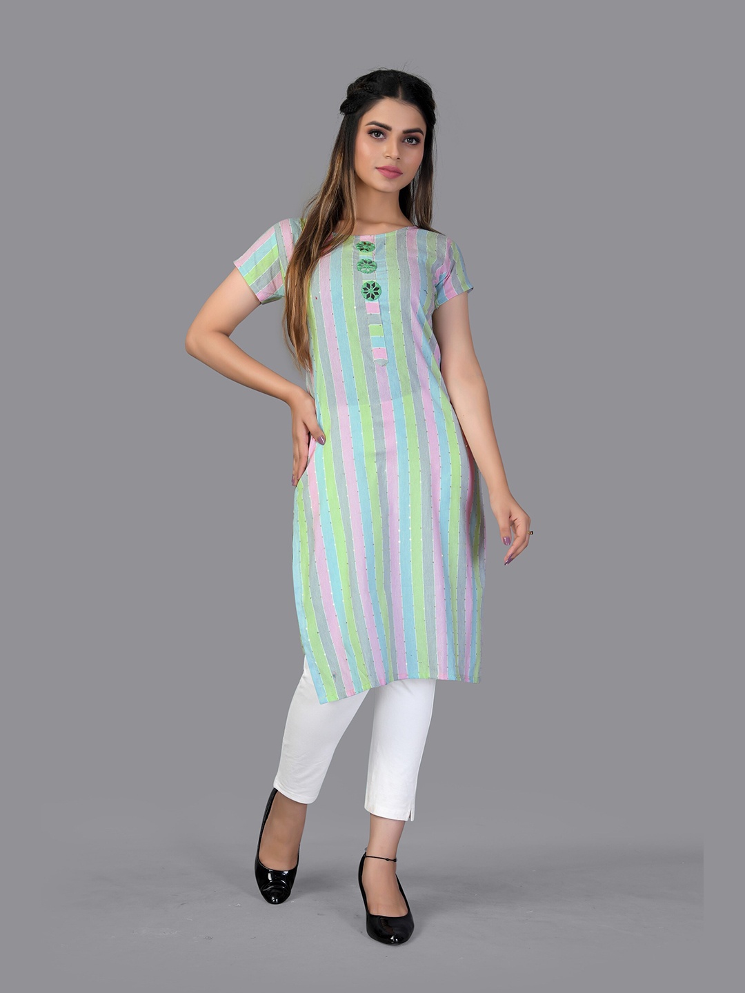 

Fashion FRICKS Women Sea Green & Purple Striped Mirror Work Sequins Kurta