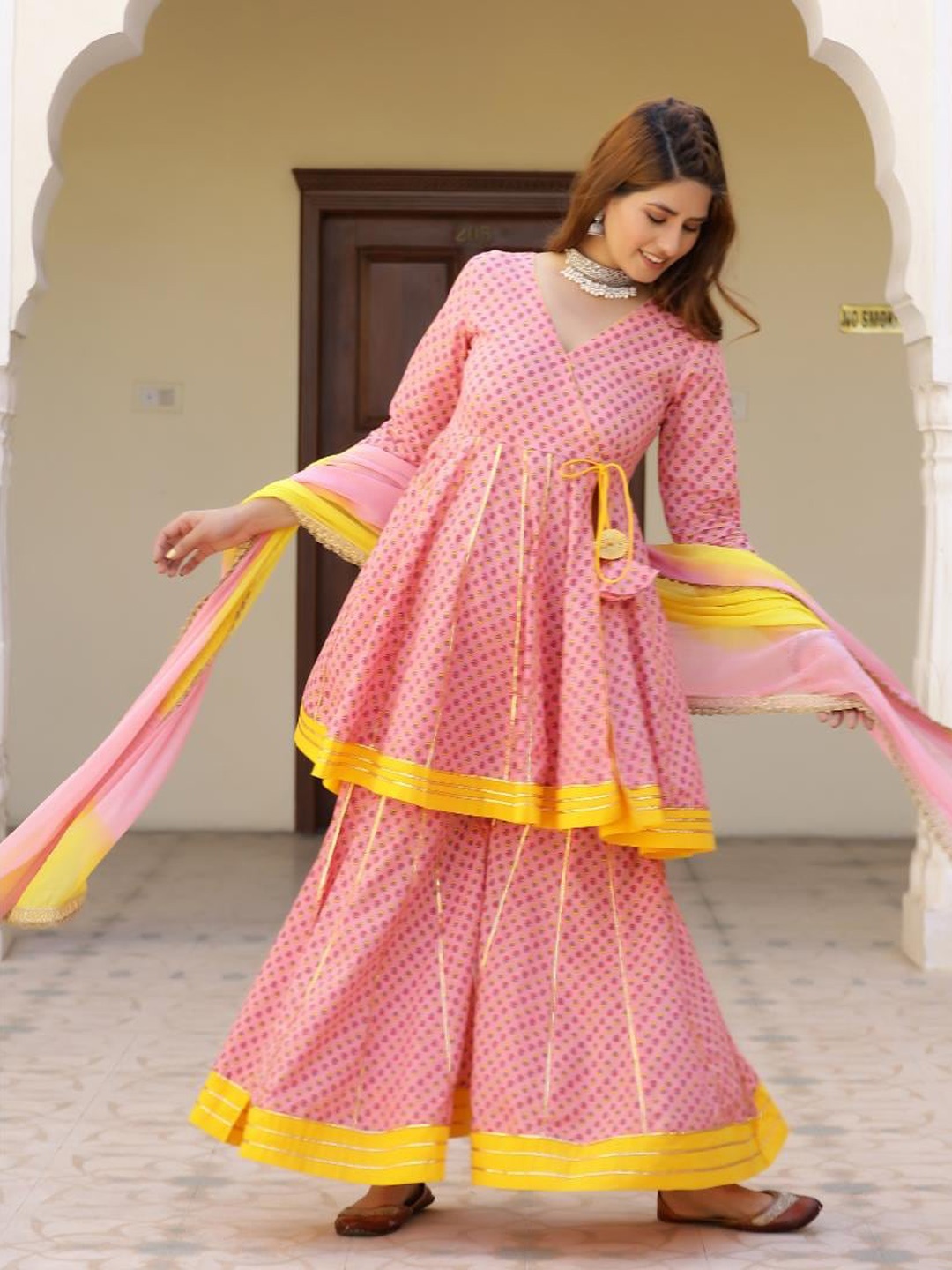 

Baisacrafts Women Peach-Coloured Gotapatti Pure Cotton Kurta with Sharara & Dupatta