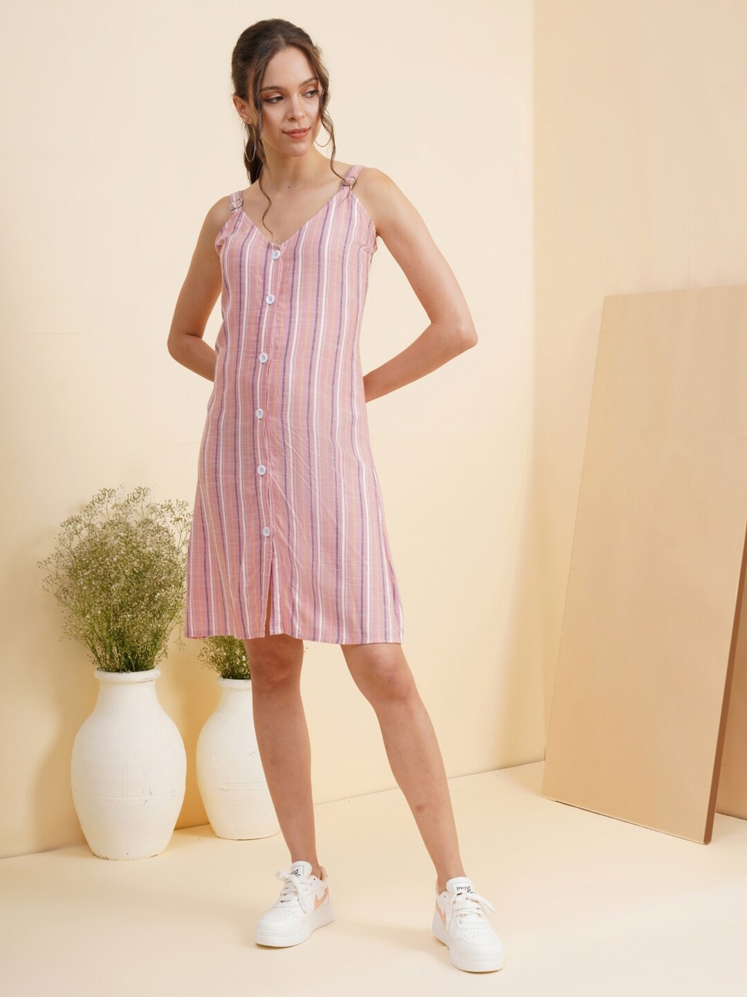 

enzeo Pink Striped A-Line Dress