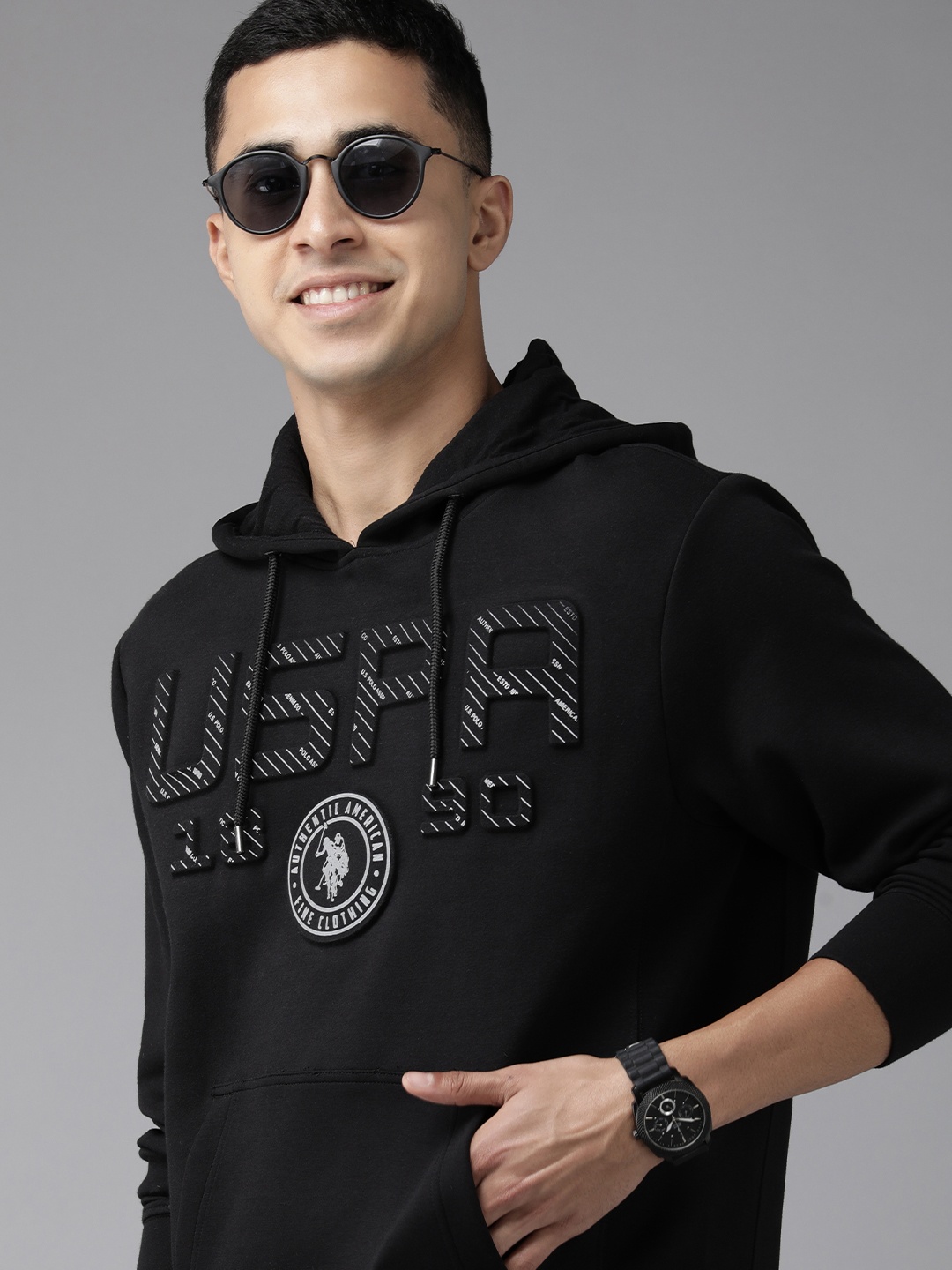 

U S Polo Assn Denim Co Men Black Logo Printed Hooded Sweatshirt