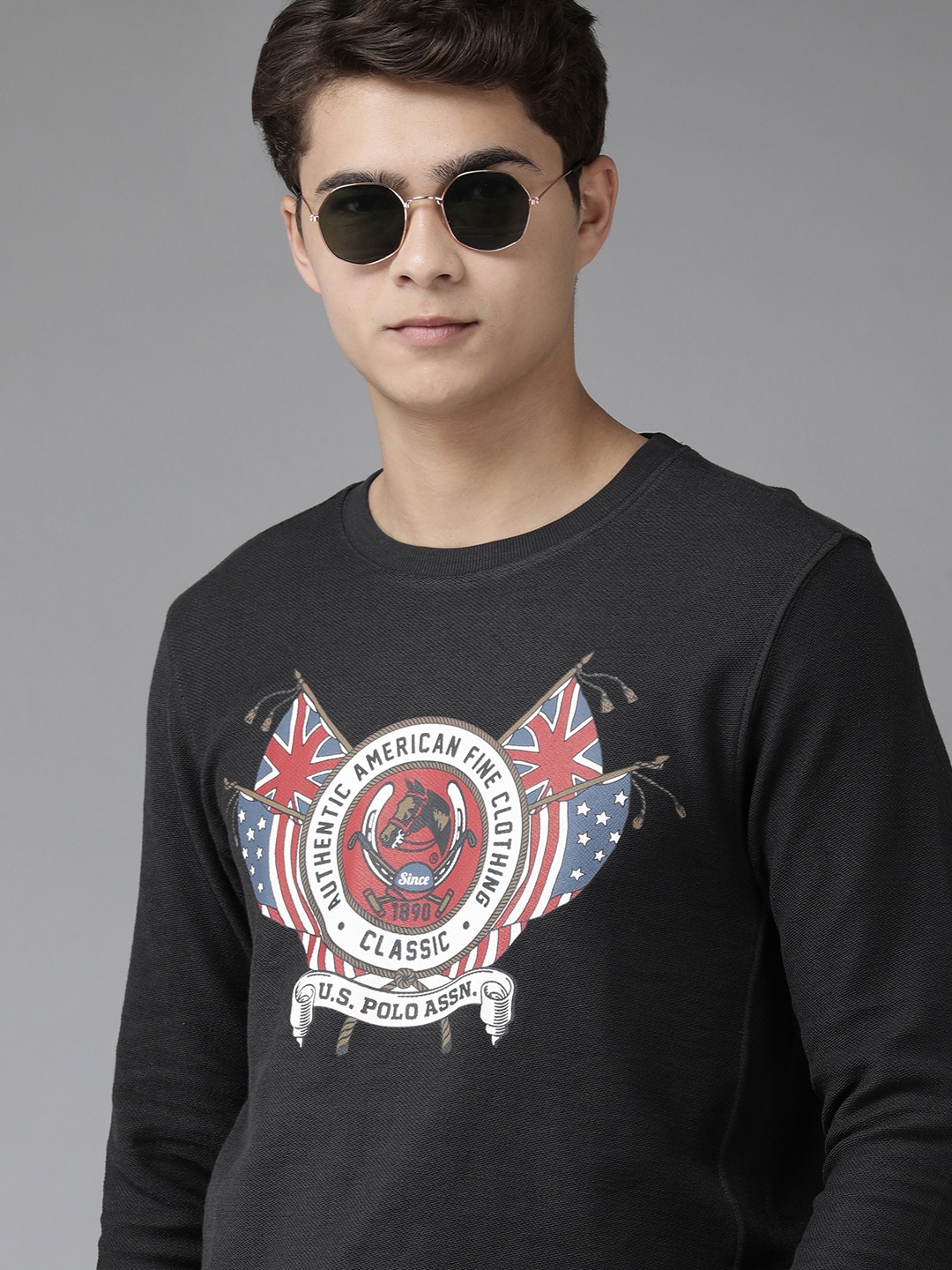 

U.S. Polo Assn. Denim Co. Men Charcoal Grey Brand Logo Print Pure Cotton Sweatshirt