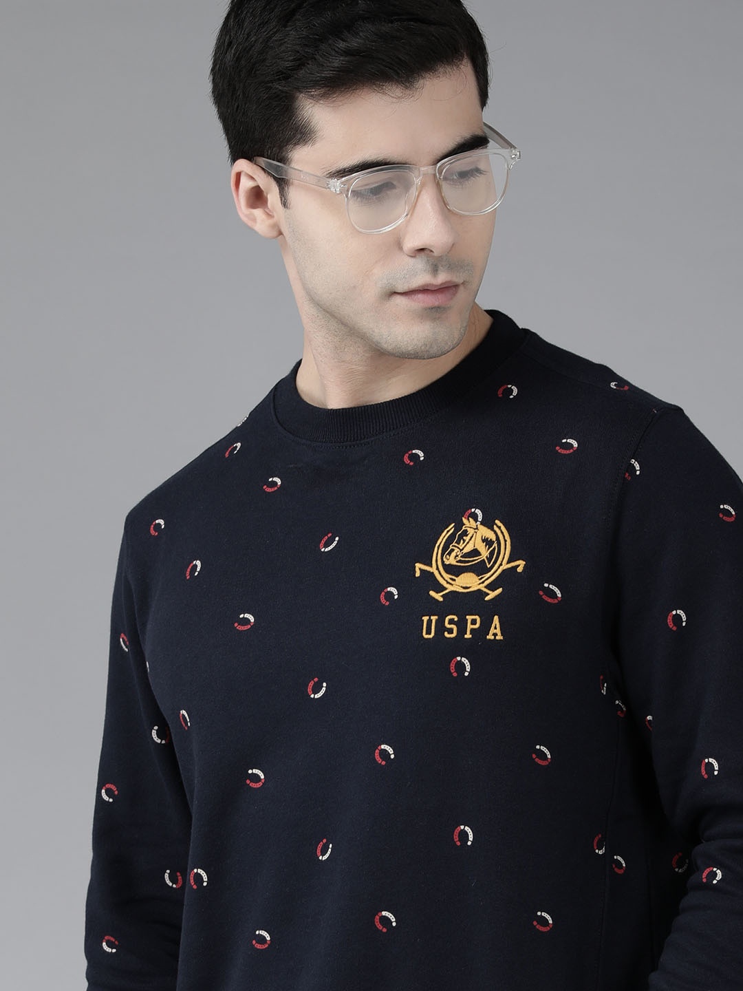 

U.S. Polo Assn. Men Navy Blue Conversational Printed Pure Cotton Sweatshirt