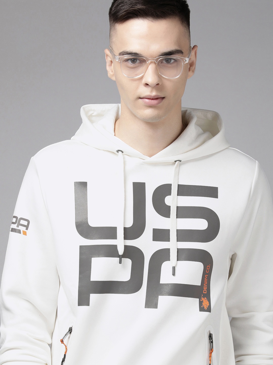 

U S Polo Assn Denim Co Men Brand Logo Printed Hooded Sweatshirt, Off white