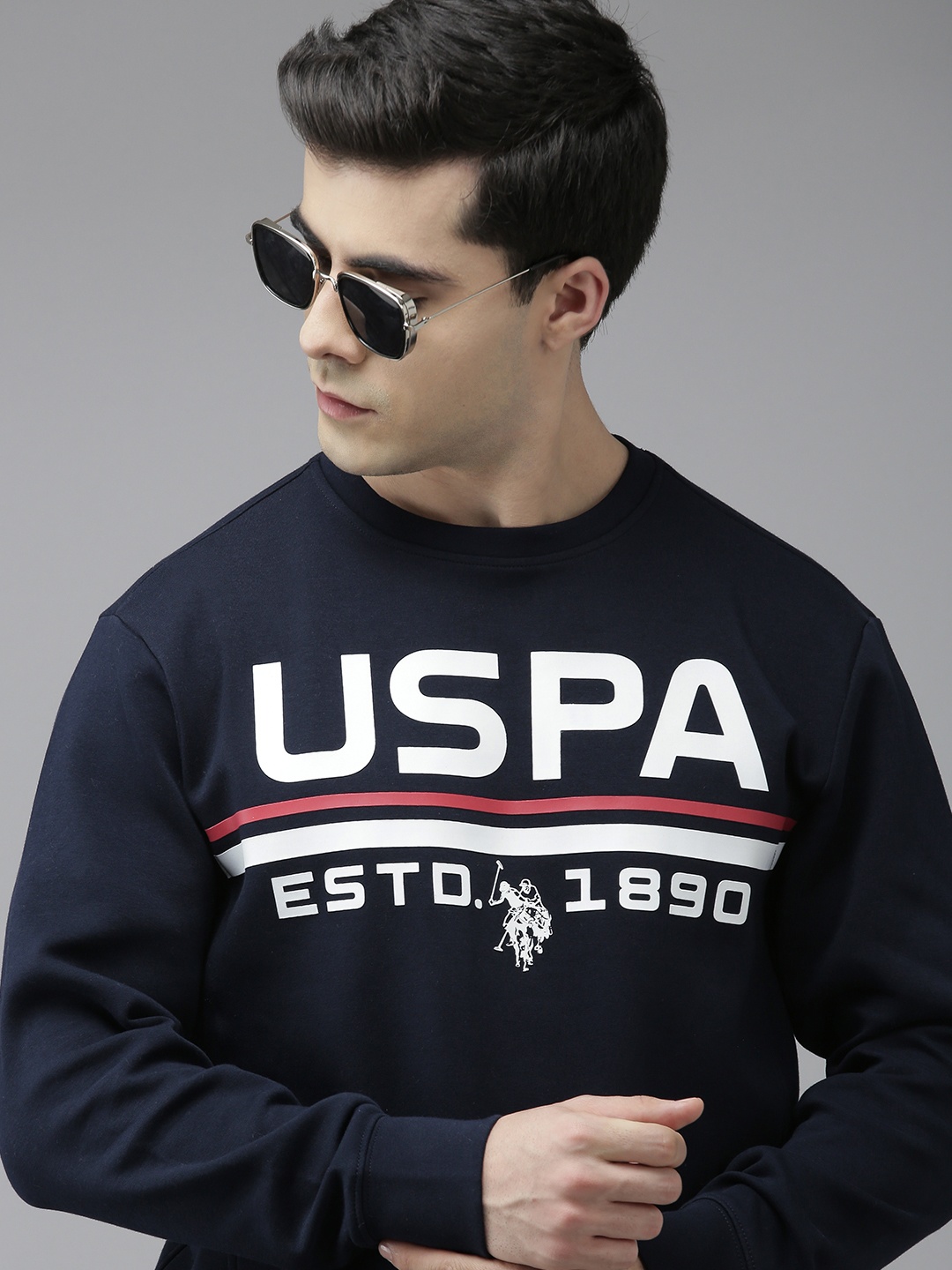 

U S Polo Assn Men Navy Blue Printed Round Neck Long Sleeves Sweatshirt